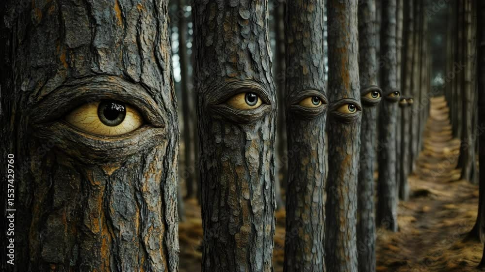 Exploring a forest where tree trunks display large, watchful eyes. The unique sight invites viewers to ponder nature’s mysteries and hidden wonders. Experience a surreal perspective on the woods