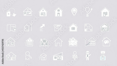 Collection of various real estate and property related icons arranged on a light gray background in rows created with generated ai