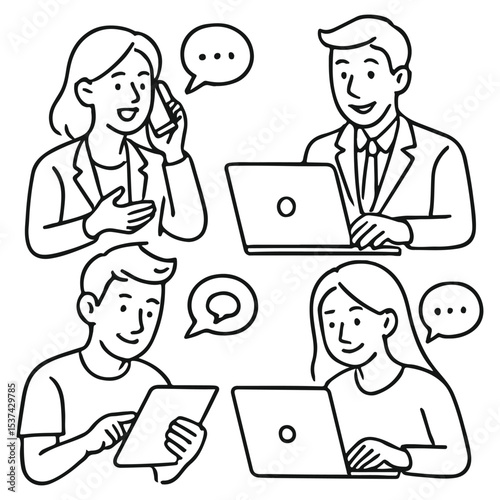 individuals with gadgets in place.  Both male and female characters converse, type, text, and chat while using a smartphone, laptop, or tablet.  Concept for a business doodle outline.  vector drawing.