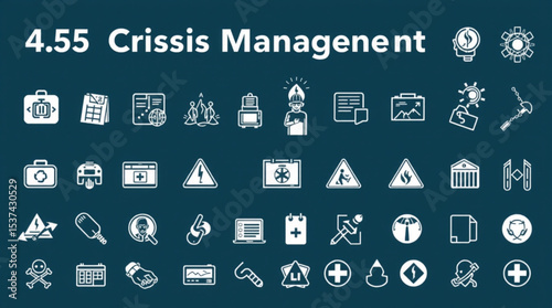 Collection of crisis management icons representing various emergency situations and solutions created with generated ai