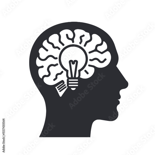 Silhouette illustration of a human head with a brain and lightbulb symbolizing creativity and ideas on a clean white background with copy space