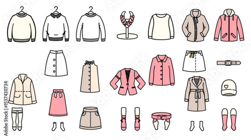 Collection of various clothing items including sweaters skirts coats and accessories on white background created with generated ai