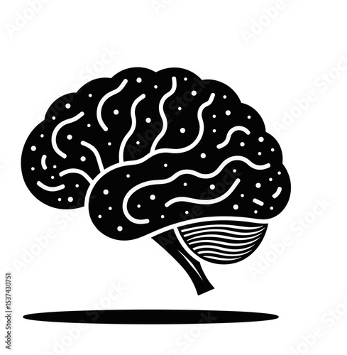 Stylized black and white illustration of a brain with decorative elements on a clean background with copy space
