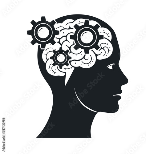 Silhouette illustration of a human head with gears in the brain, symbolizing cognitive processes and mental mechanics on a white background with copy space