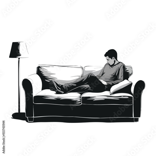 Elegant Black and White Vector Illustration of a Reading Man on Sofa