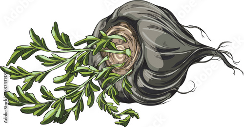 Maca root in black peel with leaves vector sketch, hand drawn Maca Peruvian tuber superfood organic seasoning ingredient