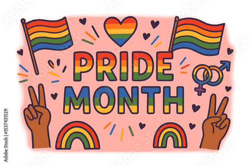 The idea for a Pride Month collage includes a vector illustration of hands with a halftone effect, grasping flags and exhibiting different gestures, accompanied by cut-out paper elements for