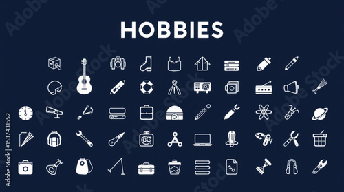 Collection of hobby icons including sports, arts, and science on a dark blue background created with generated ai