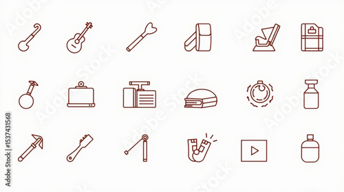 Illustration showing various objects including musical instruments and scientific equipment in line art style created with generated ai