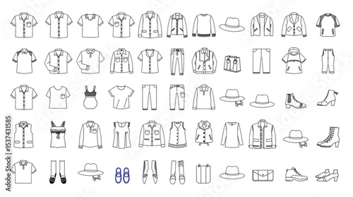 Collection of line art clothing items including shirts pants hats and shoes in organized rows and columns created with generated ai