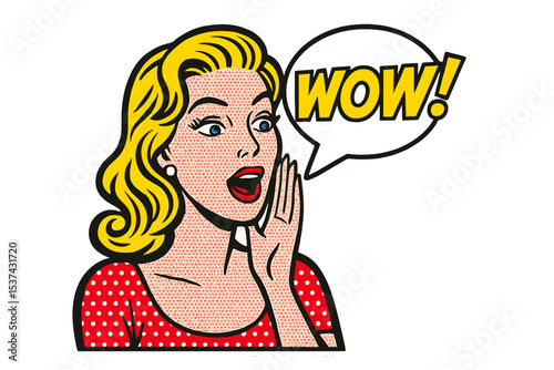 A blond woman's face with her mouth open in surprise is depicted in a vector illustration alongside a comic woman with a speech bubble
