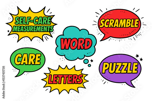 The collection includes comic book-style font labels and tags that express fun and playful emotions, complete with balloon and explosion graphics