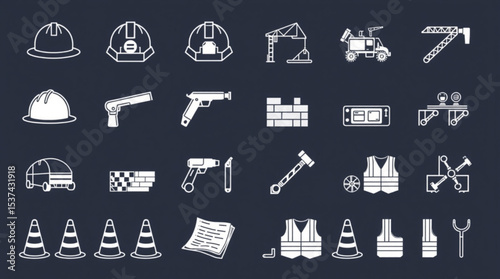 Illustration of construction and safety equipment including helmets, cranes, vests, and traffic cones icons created with generated ai