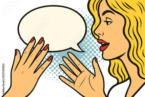 A surprised blonde pop art woman, characterized by her open mouth and rising hands, is illustrated screaming an announcement, all presented on a vector background in a comic retro pop art style