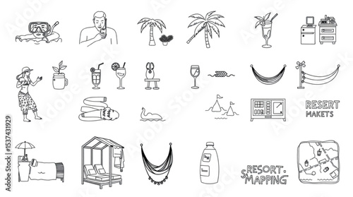 Line drawing of resort activities and amenities including swimming, relaxation, and resort information created with generated ai