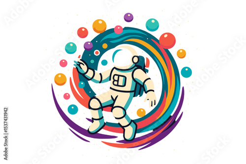 The pop art concept is exemplified in this  image of a beautiful painting featuring an astronaut in a colorful galaxy filled with bubbles on another planet