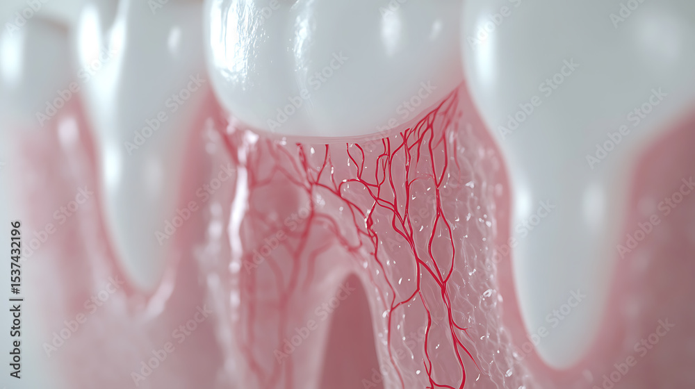 Fototapeta premium Dental Anatomy Close-Up: A detailed view of the gums, blood vessels, and enamel showing the intricate structure of dental tissue.