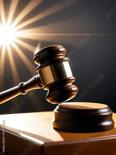 Gavel striking on sound block with sunlight in the background, symbolizing justice, law, and legal authority.