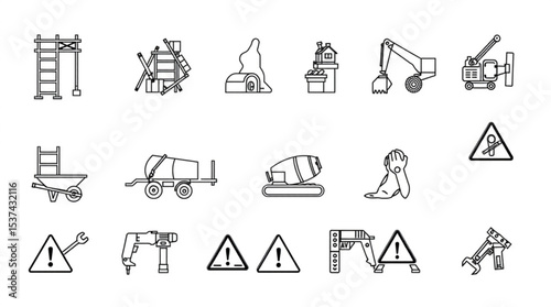 Illustration of construction equipment and safety signs including scaffolding and cement mixer icons line art created with generated ai