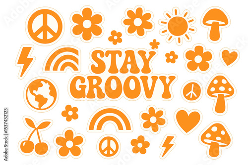 A funky collection of 70s-inspired stickers showcases cartoon flowers, rainbows, peace symbols, love, hearts, daisies, mushrooms, and other retro psychedelic elements in a humorous and trendy style