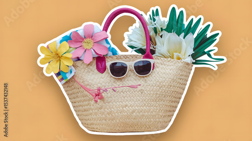 Summer Sticker Design: Straw Tote, Sunglasses, and Towel on White Background