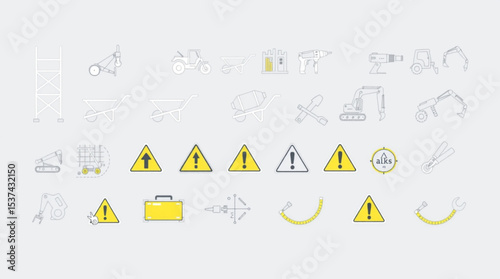 Illustration showcasing construction equipment, tools, and safety signs in a minimalist line art style created with generated ai