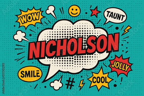 The phrase 'boom pop art cloud bubble' encapsulates a whimsical scene where 'smile, wow, pow, cool, ok, oops, wtf' are uttered in a funny speech bubble, overlaid on a retro vintage background that