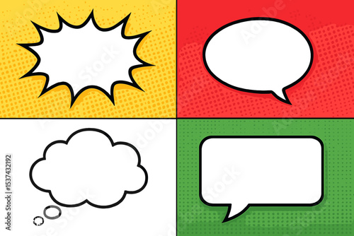 Vector illustration in pop art style depicting a vibrant comic book background with assorted blank white speech bubbles and special effects like rays, radial, halftone, and dotted patterns