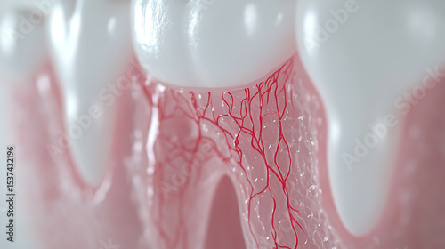 Dental Anatomy Close-Up: A detailed view of the gums, blood vessels, and enamel showing the intricate structure of dental tissue. photo