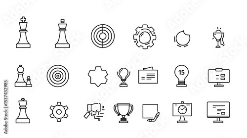 Line art icons representing strategy, goals, innovation, and business concepts in a clean style created with generated ai