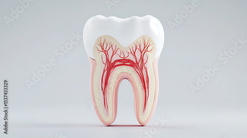 Tooth Cross-Section: Anatomical illustration highlighting enamel, dentin, pulp, and blood vessels for educational or dental contexts.