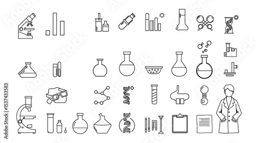 Outline science laboratory equipment and scientist in white background for research and experimentation one hundred created with generated ai