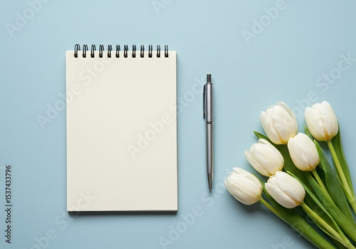 Blank notepad with pen and white tulips