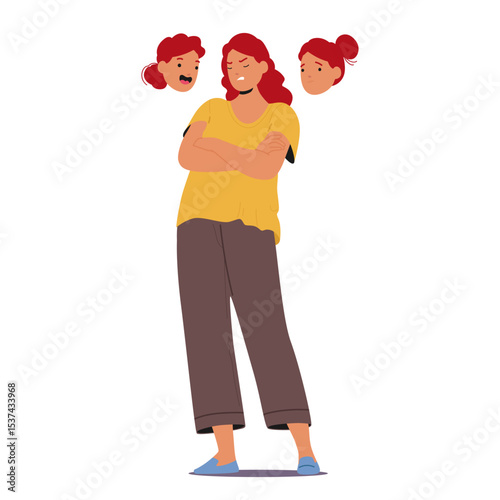 Woman cartoon character suffering from sudden mood changes standing isolated on white background