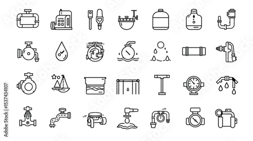 Collection of various plumbing and water related icons in outline style arranged in a grid pattern created with generated ai