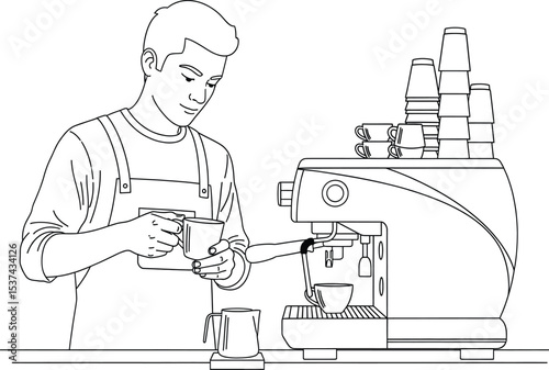 Barista Making Coffee Espresso Machine Line Art vector