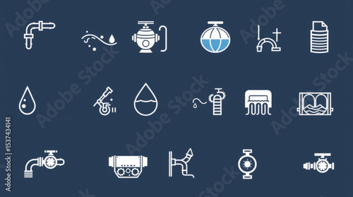 Illustration of plumbing and water related icons showing various types of pipes and water systems created with generated ai