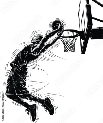 Basketball Player Dunking Black White Illustration