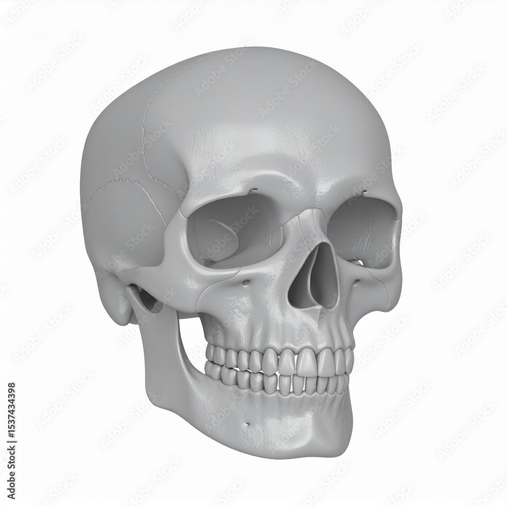 Obraz premium Detailed 3D Render of a Grey Human Skull on White Background