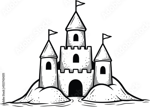 Black and White Sandcastle Illustration Three Towers Flags