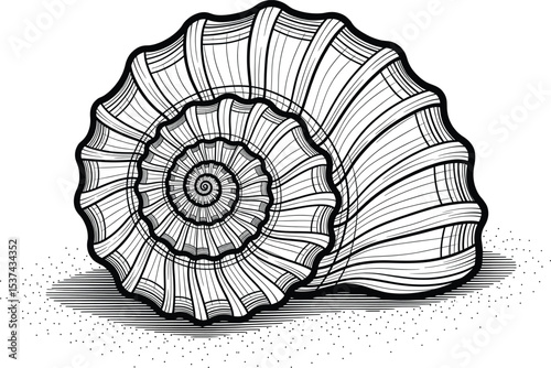 Black and White Spiral Seashell Line Art Illustration