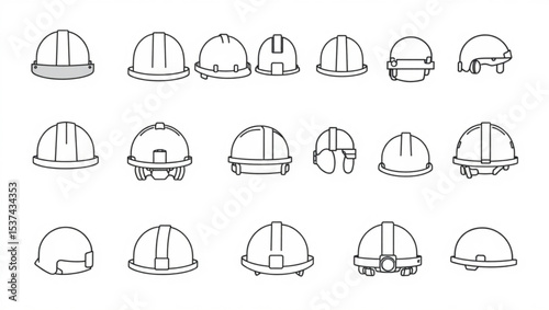 Various line drawings of construction helmets in different styles and perspectives in a white background created with generated ai