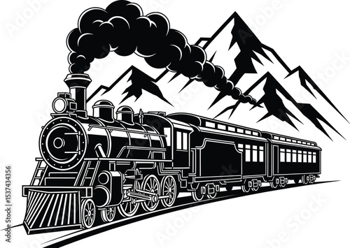 Black and White Steam Train Mountain Landscape Illustration