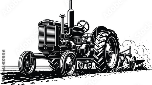 Black and White Vintage Tractor Plowing Field farm
