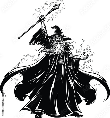 Black And White Wizard Casting Spell Staff Magic vector