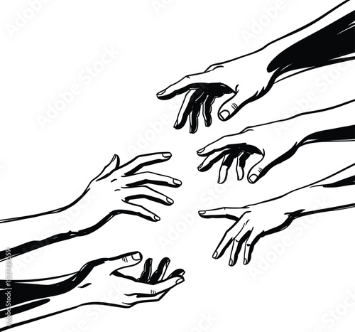 Black Ink Sketch Reaching Hands White Background vector