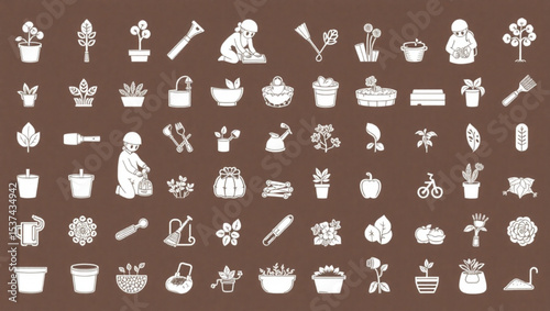 Collection of gardening icons featuring plants, tools, and a person tending to the garden created with generated ai