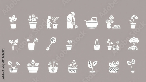 Illustration of gardening tools and plants including flowers and a gardener working outdoors created with generated ai
