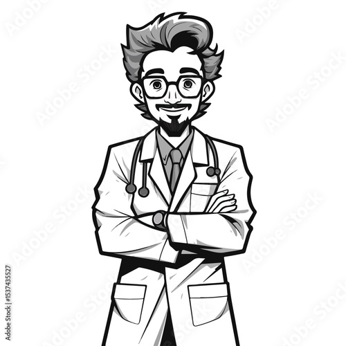 Professional Male Doctor Cartoon Illustration in Black and White Vector for Medical Designs