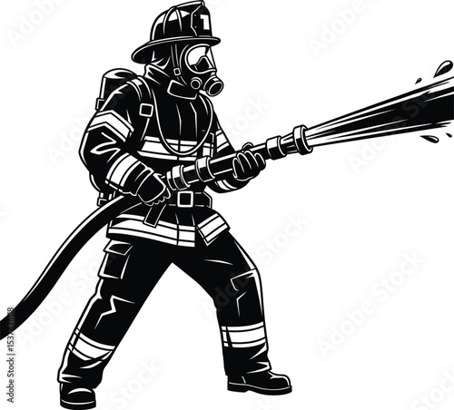 Firefighter in Uniform Using Fire Hose Water Spray